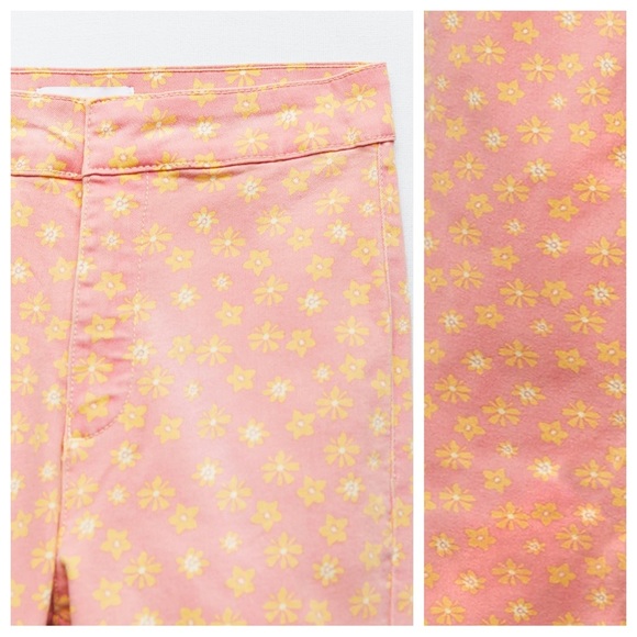 NWT. Zara Pink/Yellow Floral Print Flared Cropped Jeans. Size 4. - Picture 6 of 11